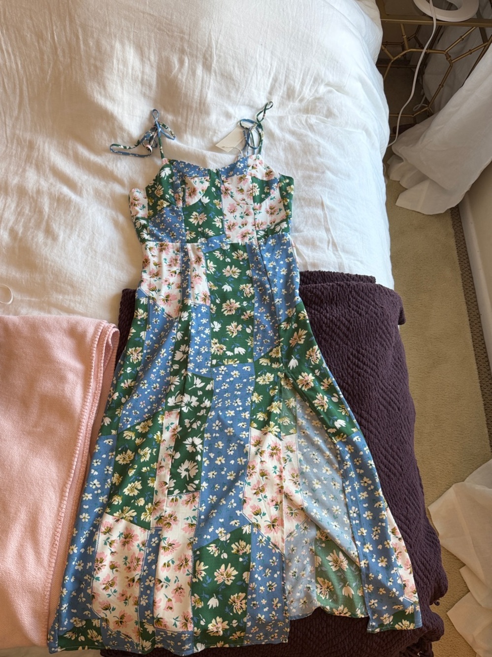 essue Green & Blue Floral Patchwork Tie-Strap Dress